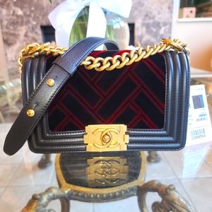 *SOLD* CHANEL BOY 💗 Calfskin Velvet Small Boy Flap Black Red and Gold!